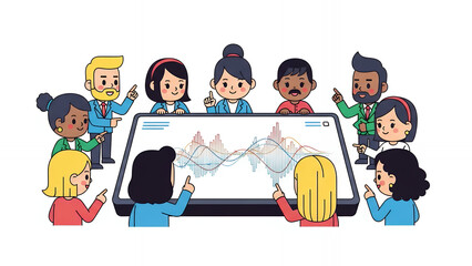 Diverse Business Team Collaboration: Cartoon Illustration of Professionals Analyzing Financial Data Charts and Stock Market Trends on a Screen.