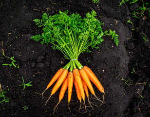 Freshly harvested organic carrots with green tops on rich black soil, showcasing vibrant colors and natural textures, ideal for food promotions and health concepts.