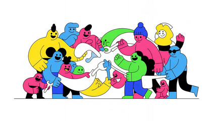 Vibrant Teamwork and Collaboration: Diverse Cartoon Characters Working Together with Abstract Tools.