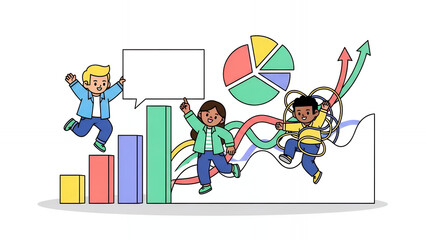 Cartoon Children Team Celebrating Business Success, Financial Growth, and Data Analysis. Bar Chart, Pie Chart, and Upward Arrows.