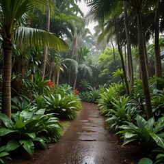 Tranquil Walkway Through a Well-Kept Tropical Garden