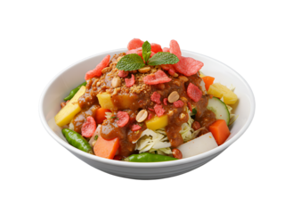 Indonesian Traditional Gado Gado Salad with Peanut Sauce in White Bowl Culinary