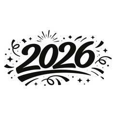 Black and white 2026 typography design with festive confetti and sparkle elements isolated on white background, perfect for New Year celebrations and calendar designs.
