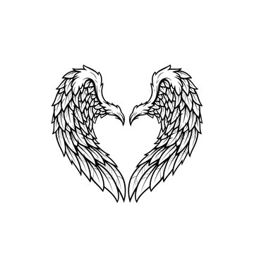 Detailed black and white drawing of two stylized wings forming a heart shape, with intricate feather patterns.