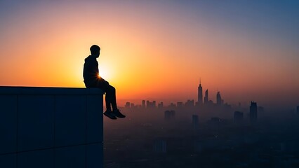 Orange sunset sky reflects on the sea as a lone woman stands in silhouette on the beach enjoying a moment of freedom and nature
