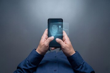 Top view of hands holding phone with holographic biometric authentication and fingerprint security
