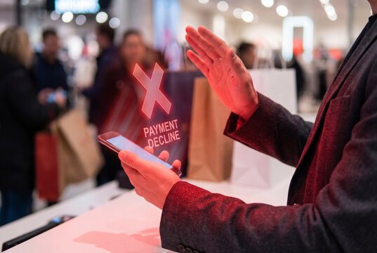 Unsuccessful mobile payment transaction showing payment decline hologram on smartphone screen in mall