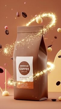 Brown Coffee Bag With Flying Beans Animated Sparkles