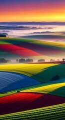 Colorful Fields at Sunset - A Vibrant Landscape Painting.