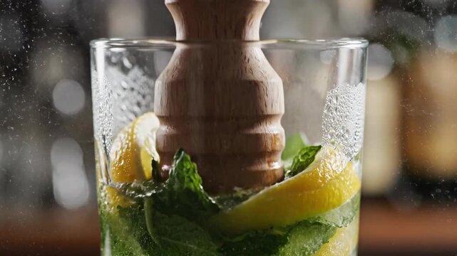Mint and Lemon Muddled in Glass for Refreshing Cocktail Preparation