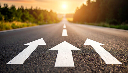 A texture background of an asphalt road with white arrows indicating the direction to success