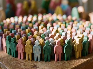 Fototapeta premium Diverse crowd of colorful wooden people figures standing closely together in a large group