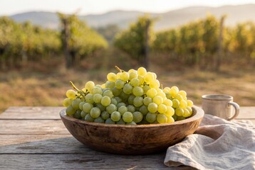 Wooden bowl filled with fresh green grapes on a rustic table in a sunny vineyard during harvest