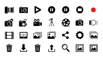 Set of photography and video media icons flat design glyphs isolated on white perfect for web and mobile app interfaces