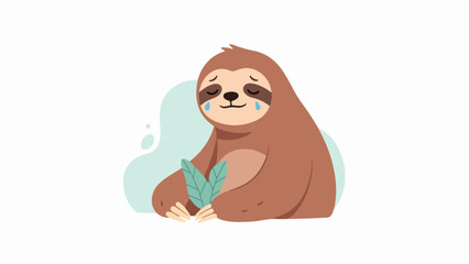 Fototapeta premium Relaxed sloth illustration with green leaf on light blue background