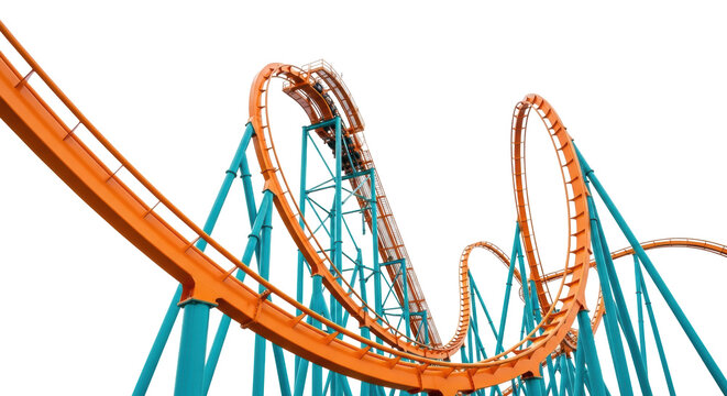 Ultra photorealistic modern roller coaster with vibrant orange tracks, large loops, teal supports, isolated on bright white background with copy space, concept of thrill and engineering