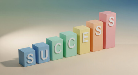 Abstract 3D Bar Graph Representation with Pastel Colors on Gradient Background Highlighting Growth Trends and Business Success Visualization