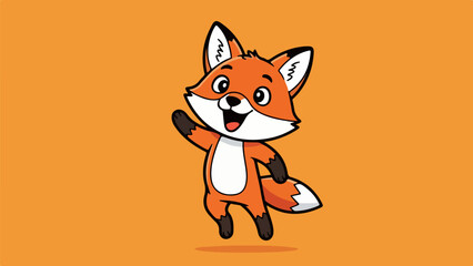 Obraz premium Lively cartoon fox with orange and white fur waving on solid orange background