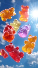 Vibrant Assortment of Colorful Gummy Bears Suspended Amidst a Bright Blue Sky with Fluffy Clouds and Radiant SunshineGummy bears