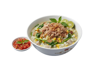 Delicious Indonesian Chicken Rice Porridge with Toppings and Spicy Sambal Side Dish