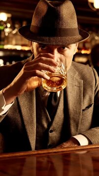 Cinematic Footage of a Man in a Fedor Hat Drinking Whiskey at Bar