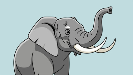 Majestic elephant illustration with raised trunk and curved tusks on light blue background