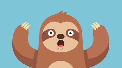 Fototapeta premium Cheerful cartoon sloth illustration with raised arms on light blue background