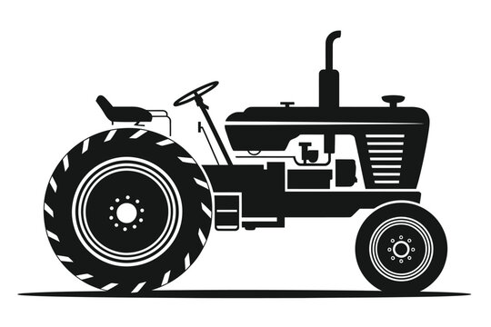 Vintage tractor illustration in black and white showcasing agricultural machinery