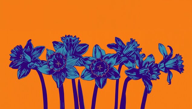Vibrant Blue Daffodils Against a Bold Orange Background