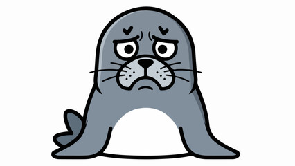 Minimalist cartoon illustration of a sad gray seal with large eyes and prominent whiskers