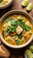 senegalese fish soup with spices and coconut milk served in a bowl with fresh green herbs