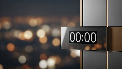 Modern digital clock displaying 0000 with blurred city lights in the background
