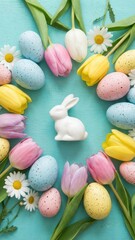 pastel speckled eggs and tulips surrounding a small white bunny figurine and daisies on turquoise background