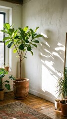 ficus lyrata plant in terracotta pot with sunlit shadows on the wall in a bright room