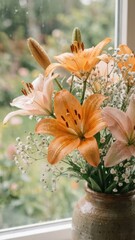 cluster of orange and pale pink lilies with delicate babys breath and water droplets soft light