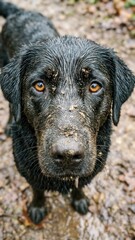 close up portrait of a muddy black dog with wet fur and soulful amber eyes looking