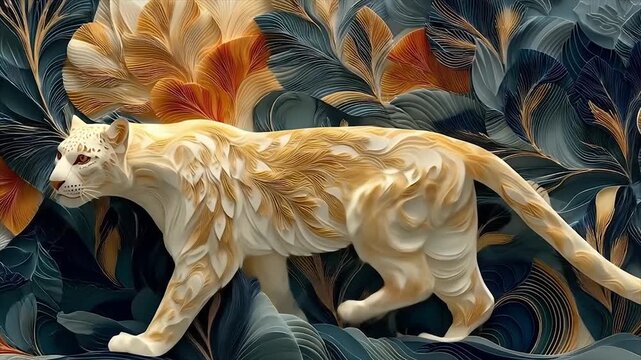 Stylized leopard amidst lush foliage displaying ornamental detail