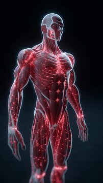 Anatomy of the Human Body: A visually striking, illuminated illustration of human anatomy, with a detailed emphasis on muscular and skeletal structures, presented against a dark, contrasting backdrop.