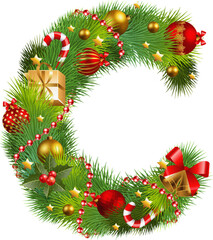 Festive christmas wreath in letter c shape with golden baubles, candy canes, and holly
