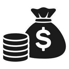 Black and white vector illustration of a money bag with a dollar sign and a stack of coins isolated on white background, perfect for financial and business icons.