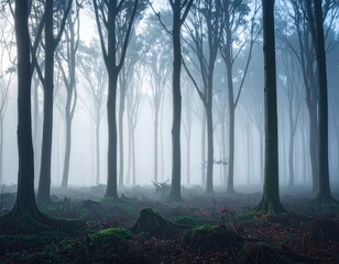 Obraz premium Misty morning forest with fog among trees and soft sunlight over a woodland path