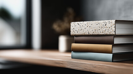 Stacked collection of books, a moment captured on a wooden shelf in soft, inviting light, offering a calm and serene feel, perfect for invoking knowledge, study, and a love for literature.