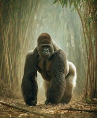 Powerful silverback gorilla walking through a bamboo forest habitat in natural daylight