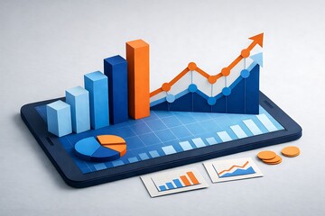 Financial data analysis displayed on tablet with rising bar graphs and charts