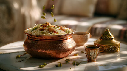 Ultra realistic 8K photo of a traditional Emirati chicken and rice dish in a copper pot on a white marble table with subtle patterns. Cracked open green cardamom pods fall from above, some near a smal