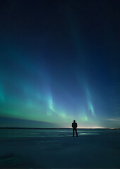 Fototapeta premium A lone human silhouette standing on frozen ground under a green and blue aurora borealis sky northern lights