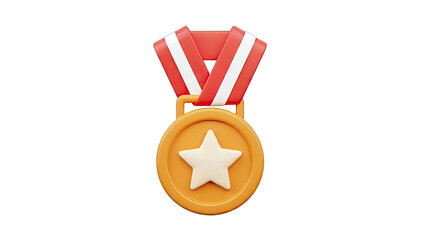 3D Rendered Gold Medal with Red and White Ribbon