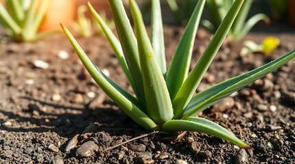 Fototapeta premium green aloe vera plant growing in garden soil outdoors