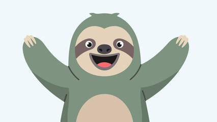 Obraz premium Cheerful cartoon sloth with light green body and beige face, outstretched arms, on light gray background