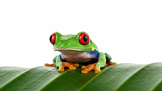 Close up of a vibrant green red-eyed tree frog perched on a large green leaf with a white background.